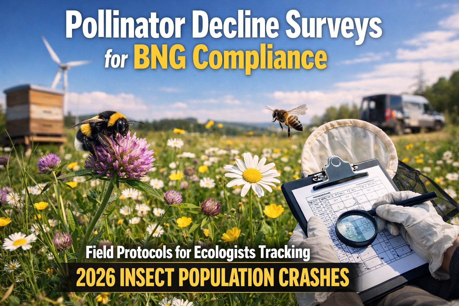 Professional landscape hero image () with : "Pollinator Decline Surveys for BNG Compliance: Field Protocols for Ecologists