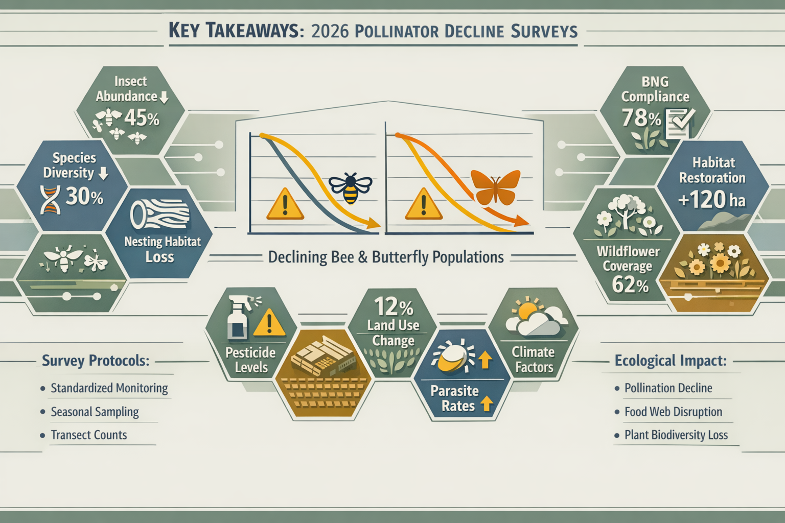 Landscape editorial infographic visualizing 'Key Takeaways' for 2026 Pollinator Decline Surveys, featuring hexagonal data