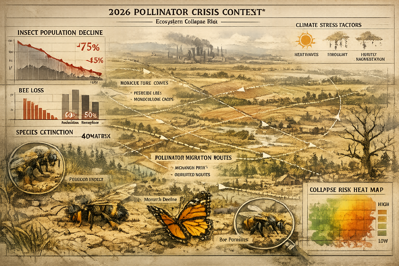 Comprehensive ecological landscape visualization depicting '2026 Pollinator Crisis Context', featuring multi-layered