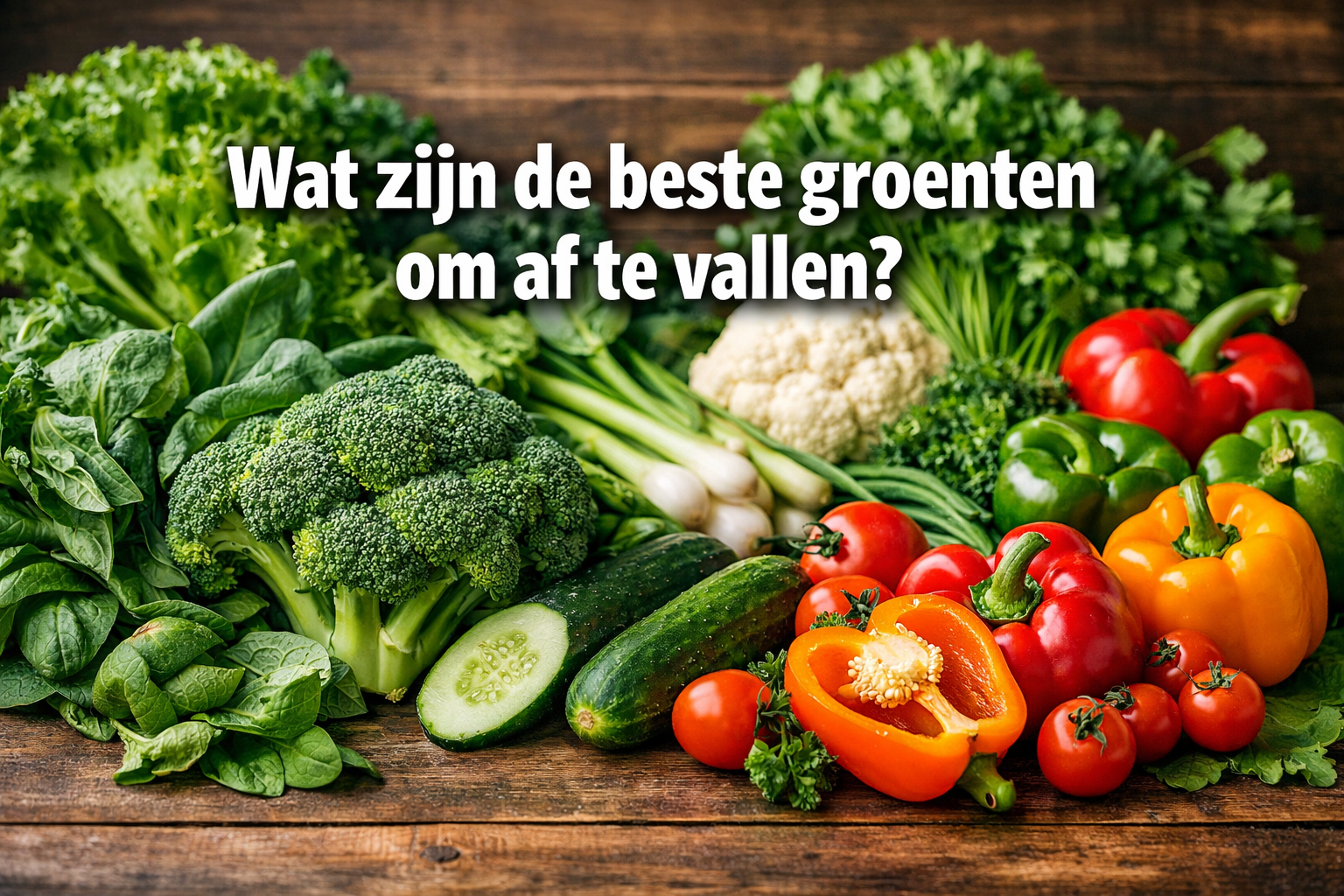 Professional landscape hero image (1536x1024) featuring bold text overlay 'Wat zijn de beste groenten om af te vallen?' in extra large 70pt