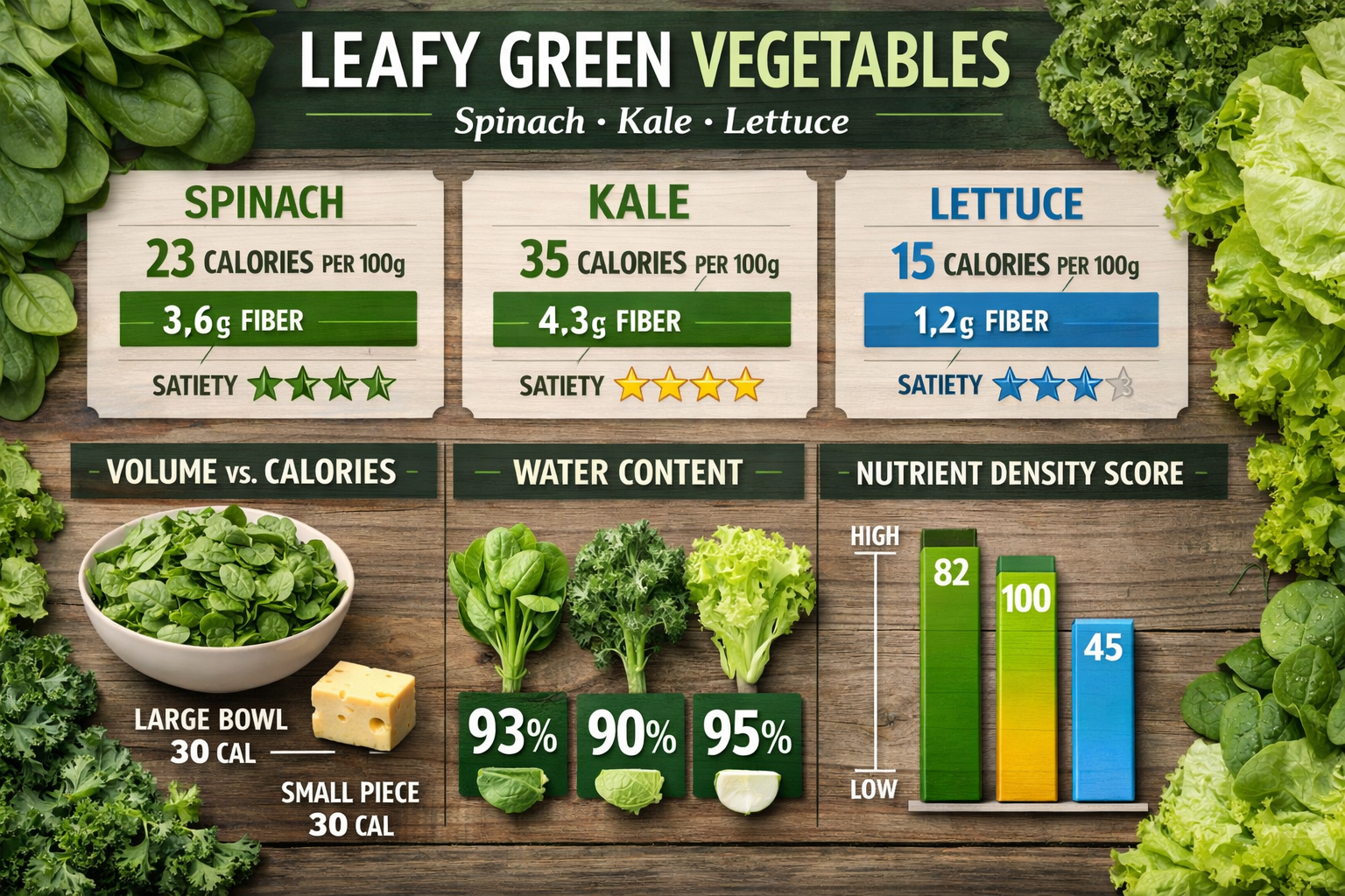 Detailed infographic showing leafy green vegetables (spinach, kale, lettuce) with calorie counts per 100g, fiber content bars, and satiety r