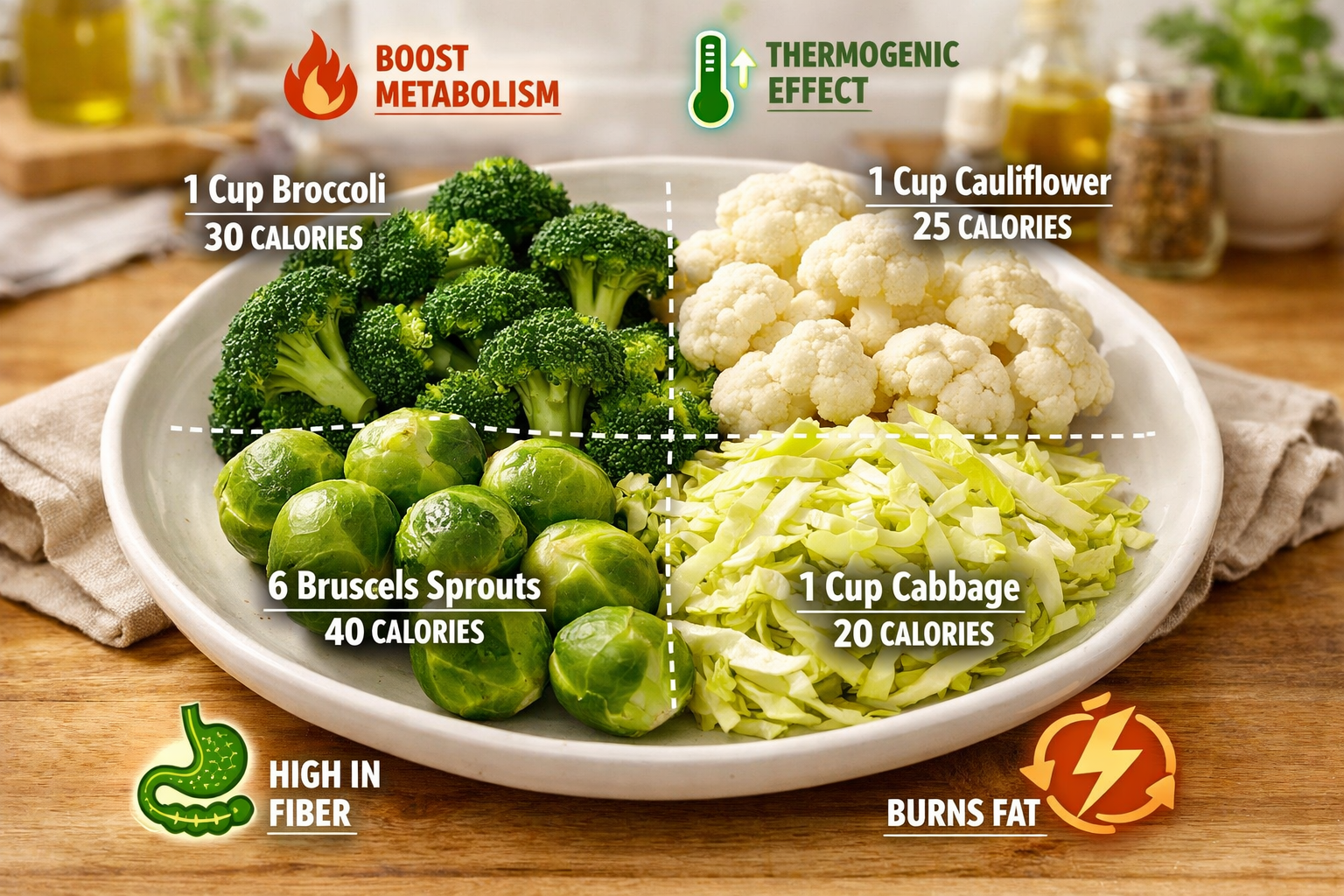 Close-up editorial photograph of cruciferous vegetables (broccoli, cauliflower, Brussels sprouts, cabbage) arranged on white ceramic plate w