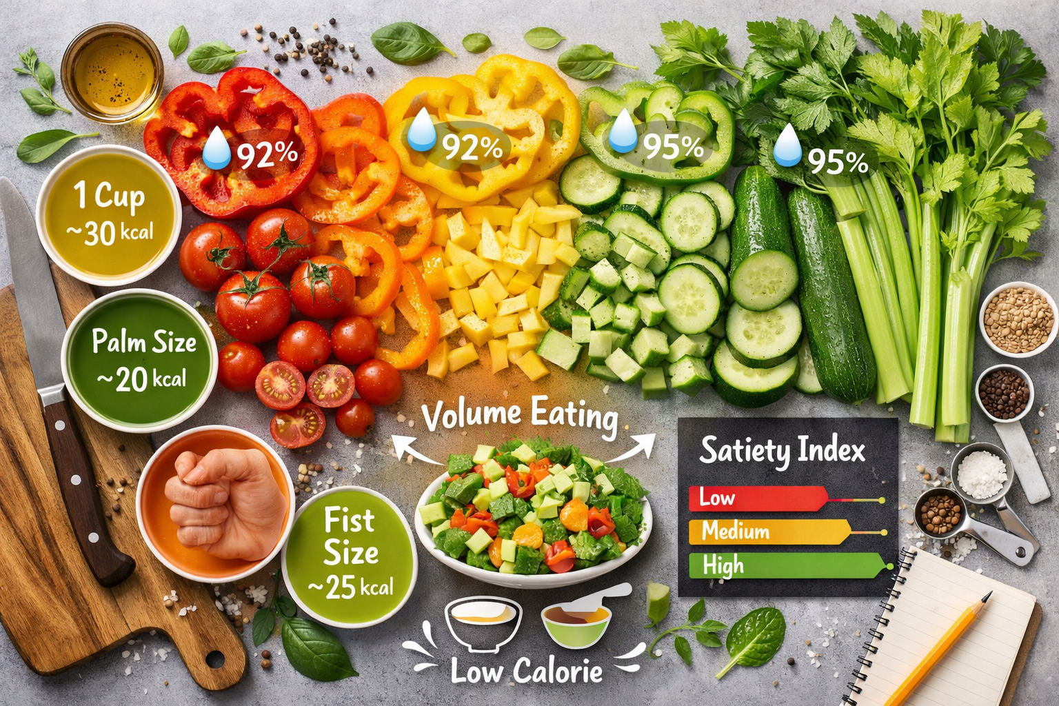 Artistic flat-lay composition of colorful low-calorie vegetables including bell peppers, tomatoes, cucumbers, zucchini, and celery arranged