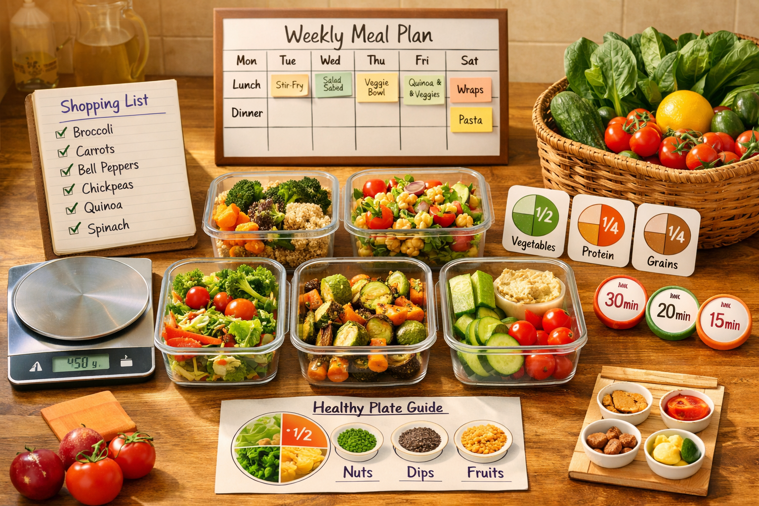 Practical meal prep scene showing prepared vegetable dishes in glass containers, shopping list with checkmarks, kitchen scale, and fresh pro