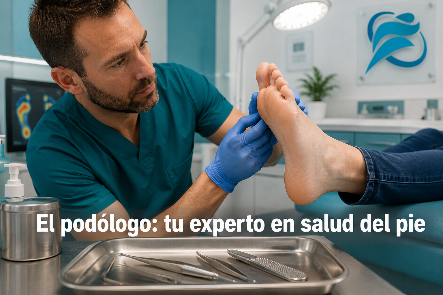 () editorial image showing a professional podologist in a modern Valladolid clinic performing a foot examination, close-up