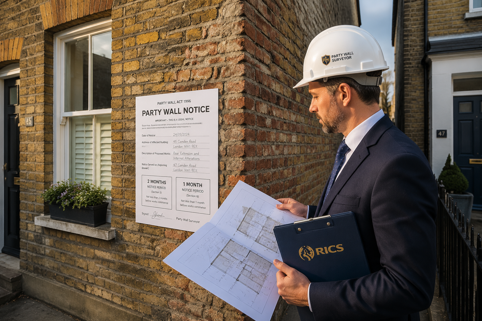 Wide-angle () showing a professional party wall surveyor in a hard hat and suit reviewing architectural blueprints and a