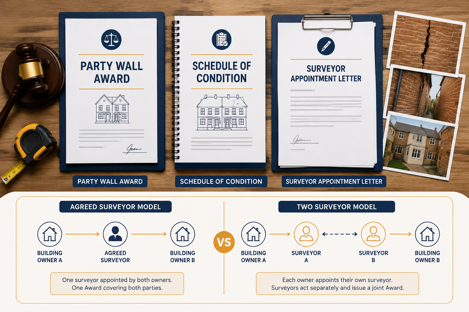Flat-lay overhead () infographic-style image showing a wooden desk with three distinct document sets labeled 'Party Wall