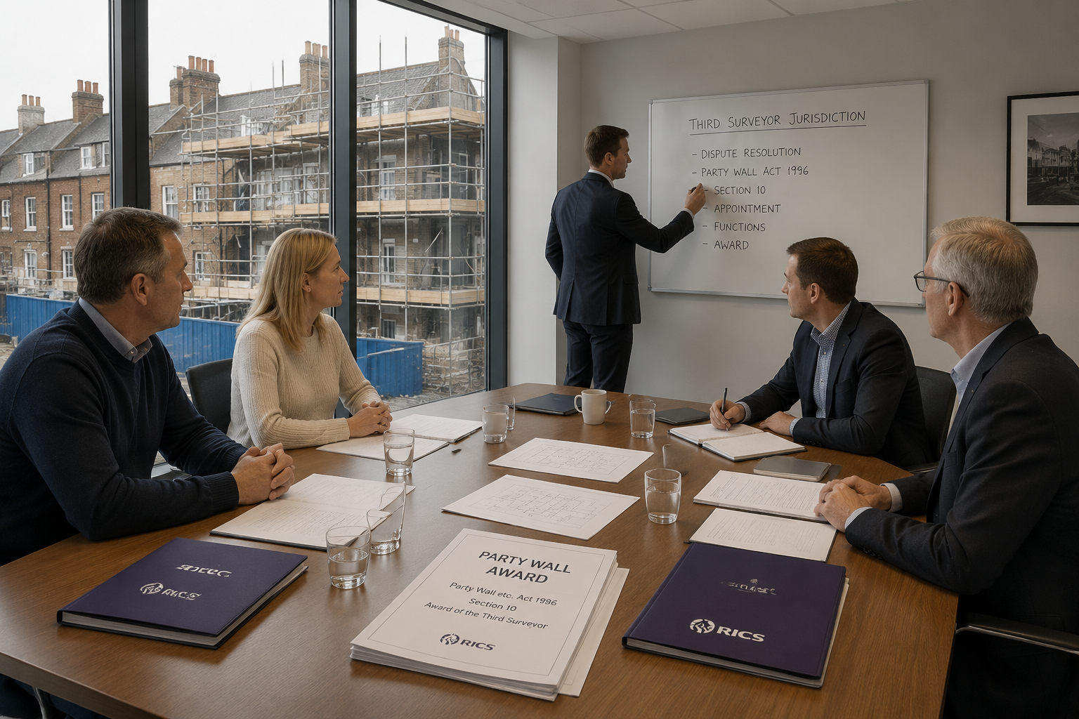 () showing a formal dispute resolution meeting between two property owners and two chartered surveyors seated at a