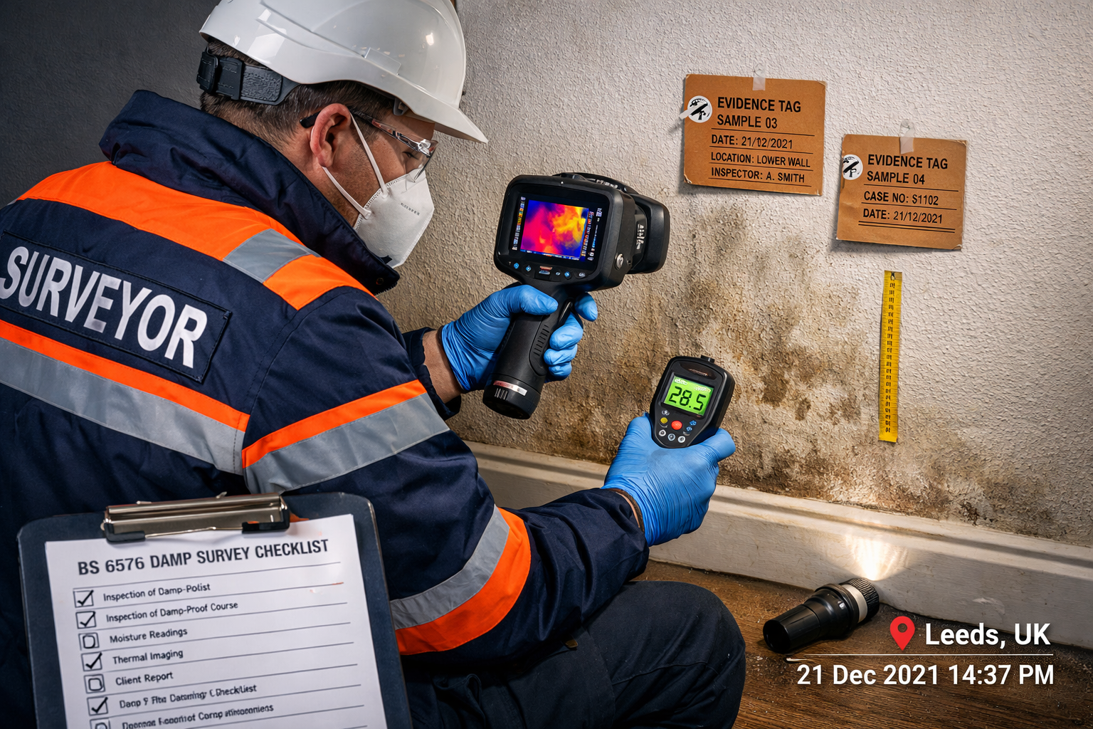 () detailed scene showing professional chartered surveyor conducting forensic damp investigation in residential property,