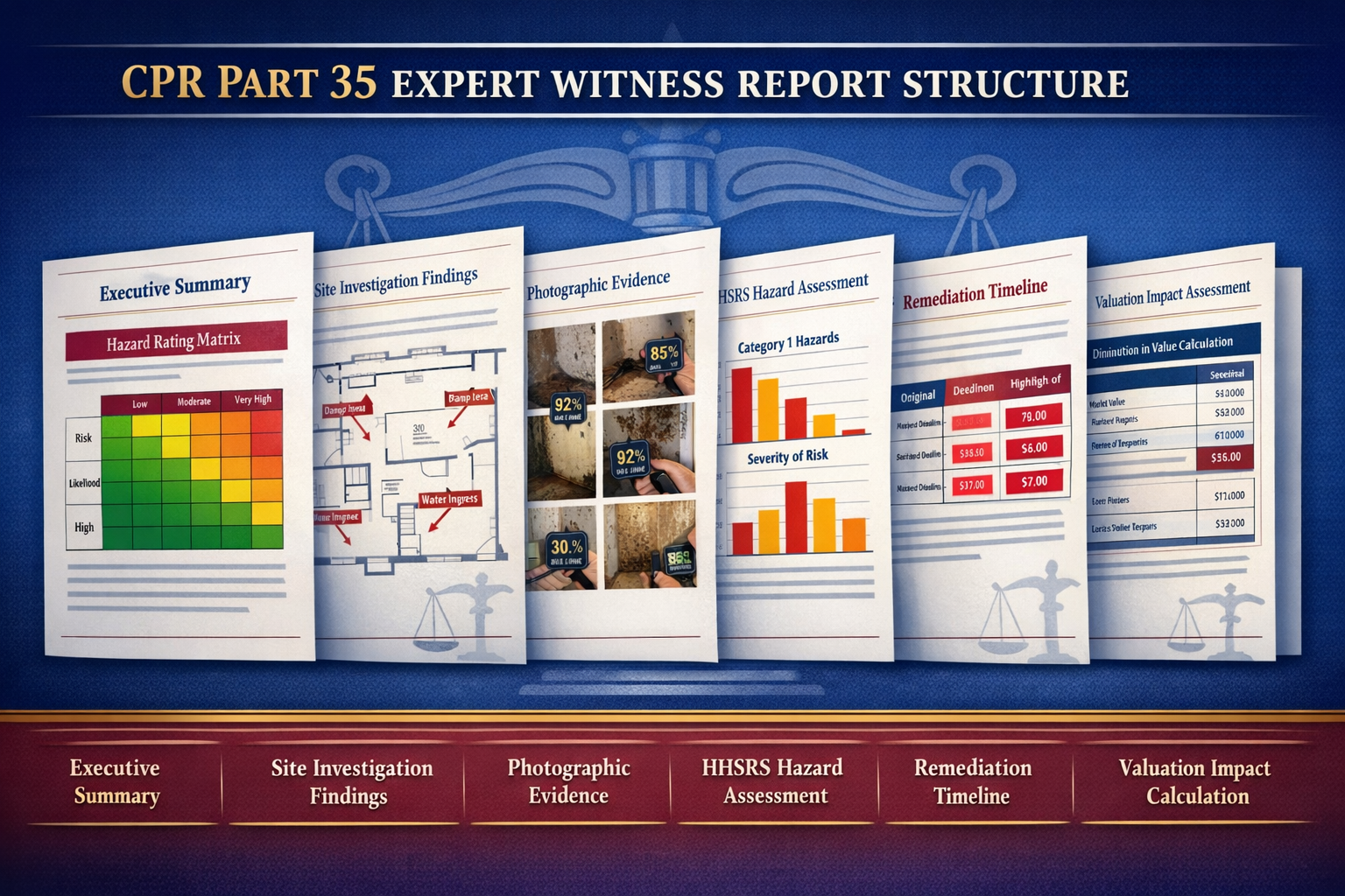 () technical infographic illustration displaying CPR Part 35 expert witness report structure as layered document pages