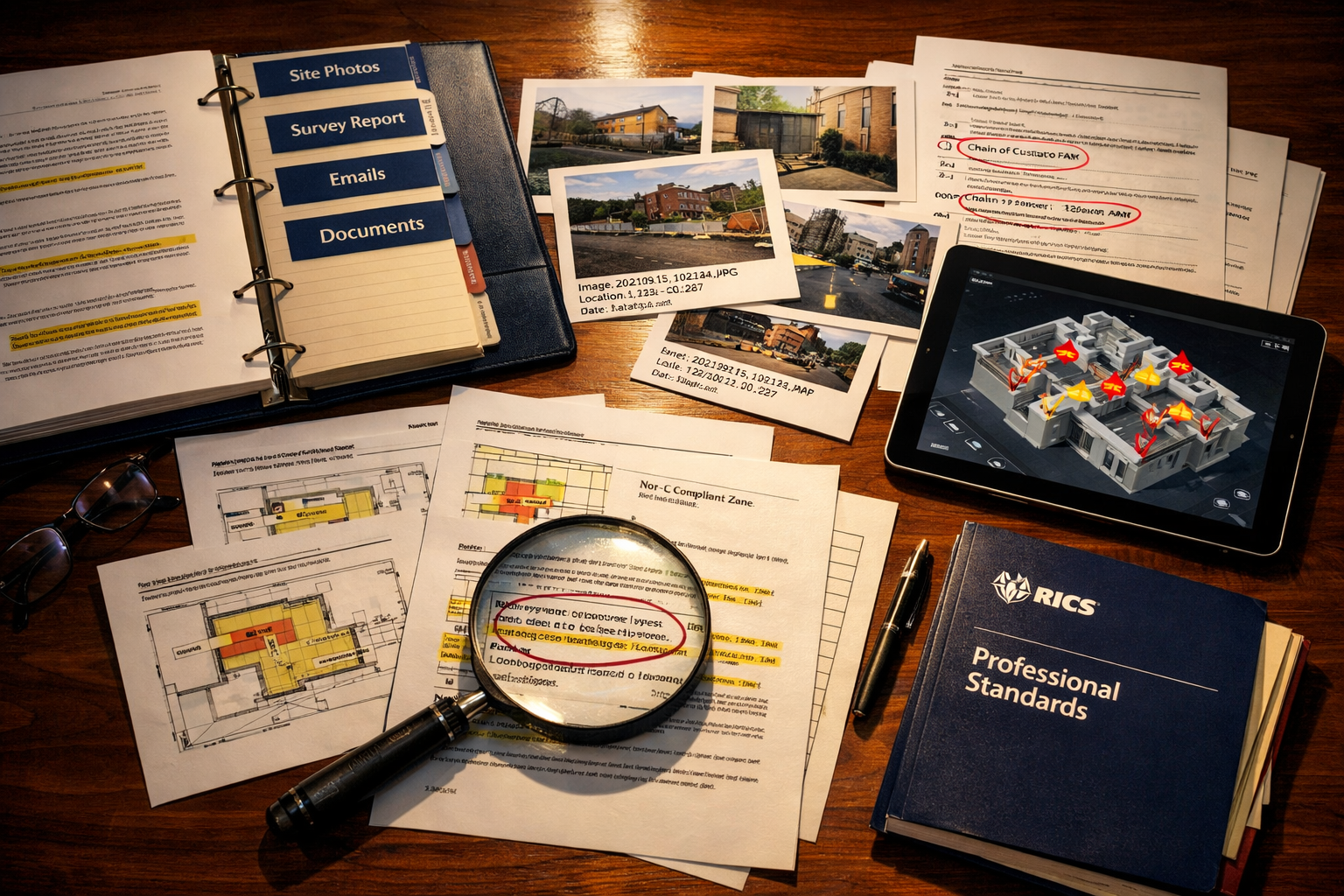 () courtroom preparation scene showing expert witness surveyor's evidence pack laid out on wooden table: chronologically