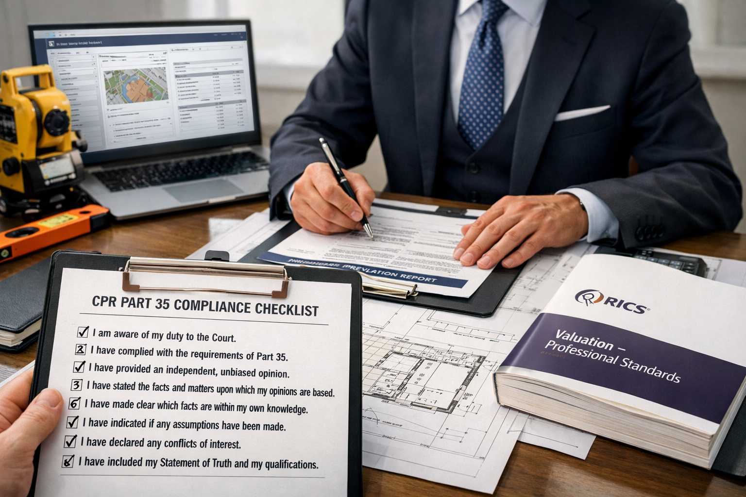 Detailed () image showing close-up of professional building surveyor in formal business attire reviewing architectural plans