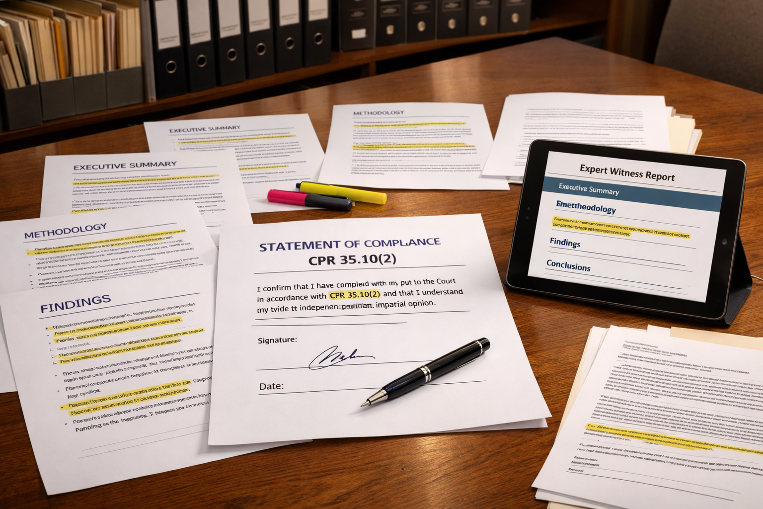 Wide-angle () image depicting structured expert witness report layout with multiple pages spread across large conference