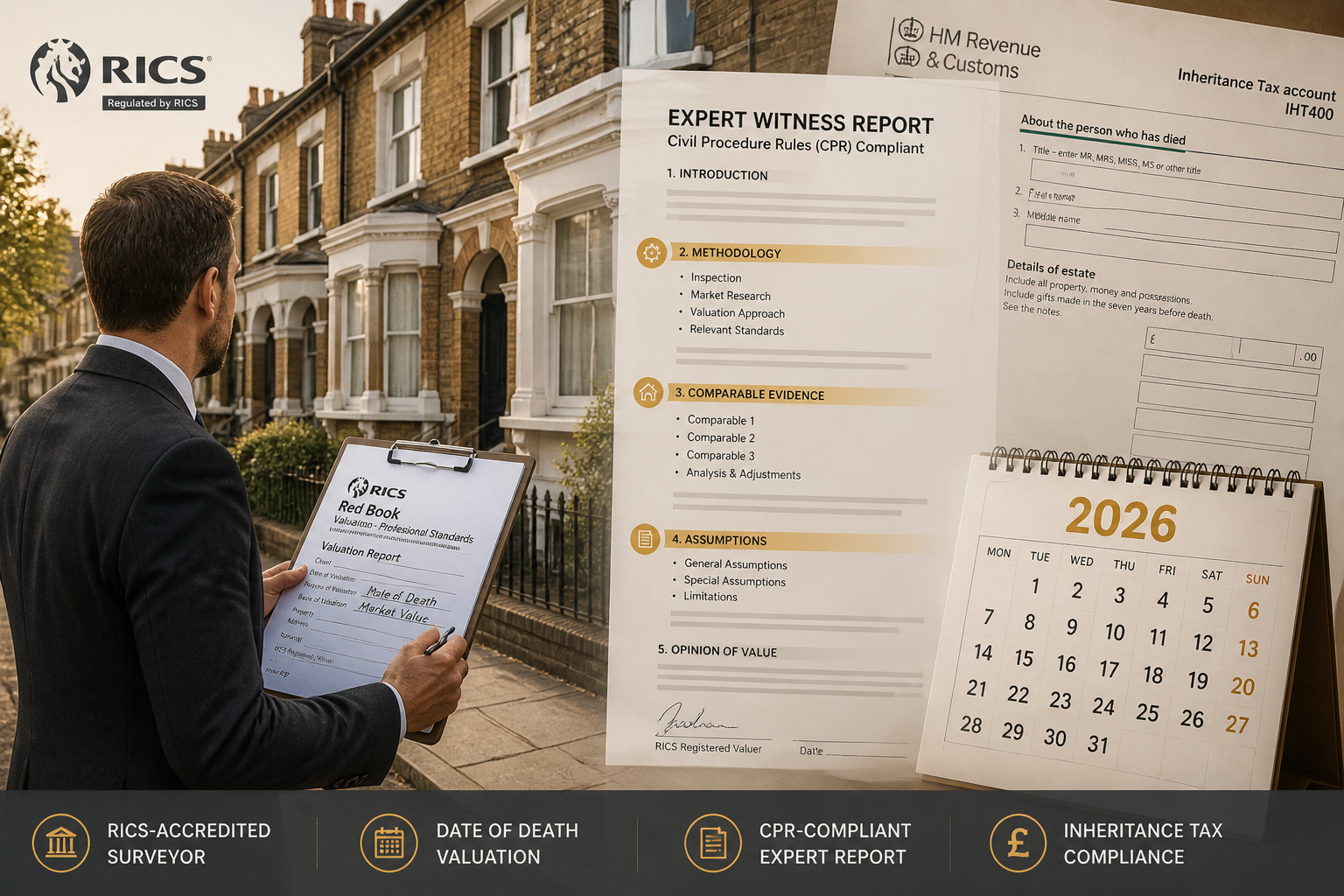 Wide-angle editorial illustration of a RICS-accredited surveyor in formal attire examining a Victorian terraced property at
