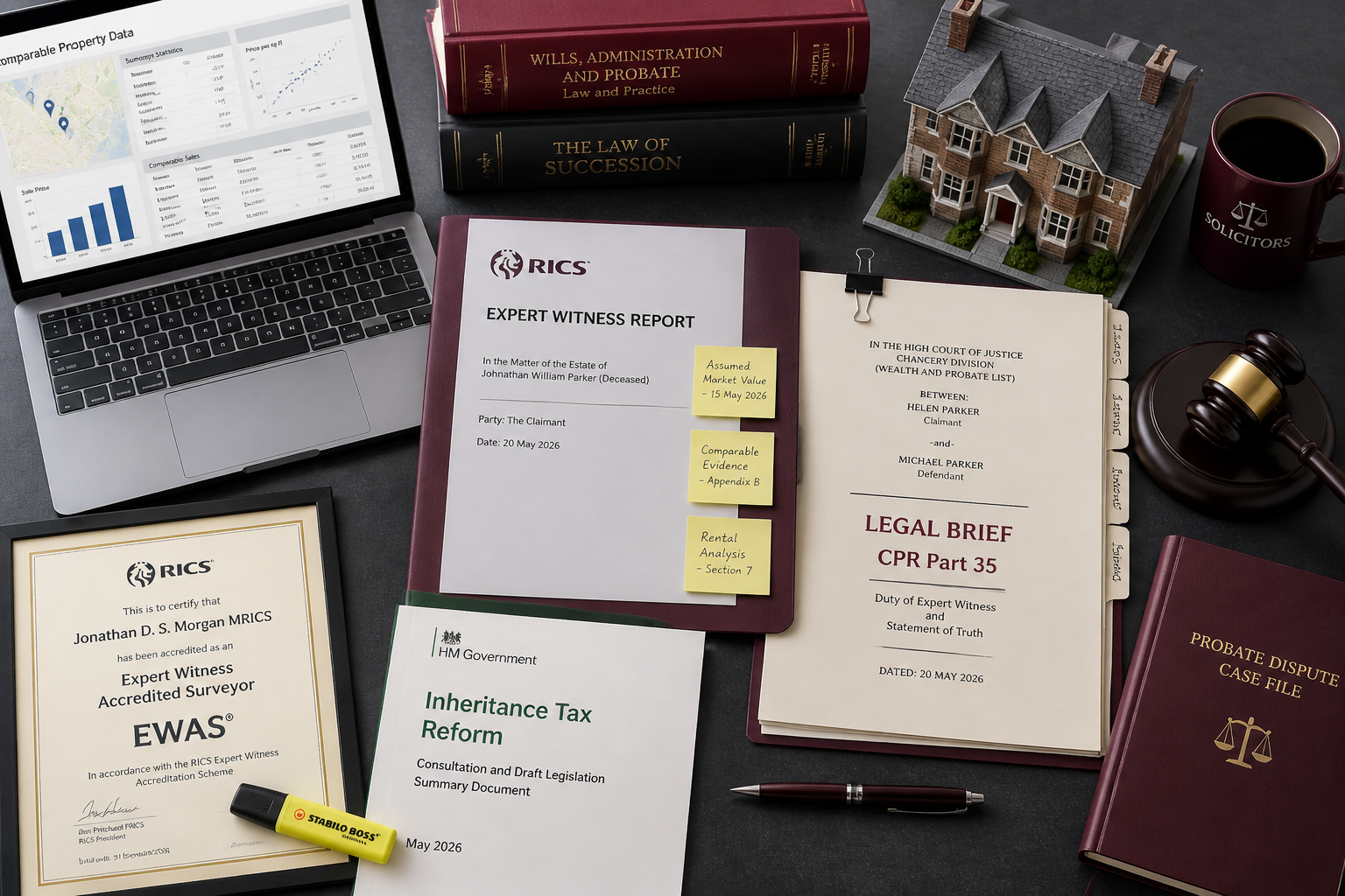 Top-down flat-lay editorial photograph of a solicitor's desk showing a probate dispute case file: RICS expert witness report