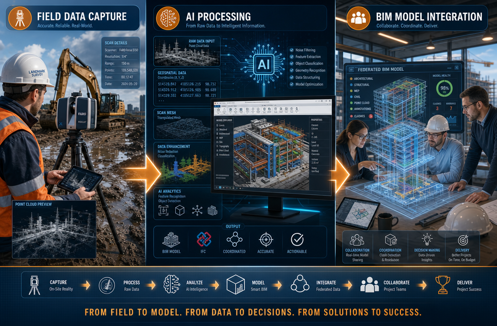 Detailed () infographic-style illustration showing the BIM integration workflow pipeline for land surveyors: left panel