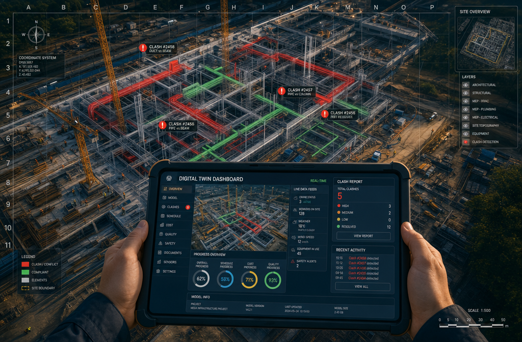 Detailed () top-down aerial perspective illustration of a large infrastructure construction project overlaid with a