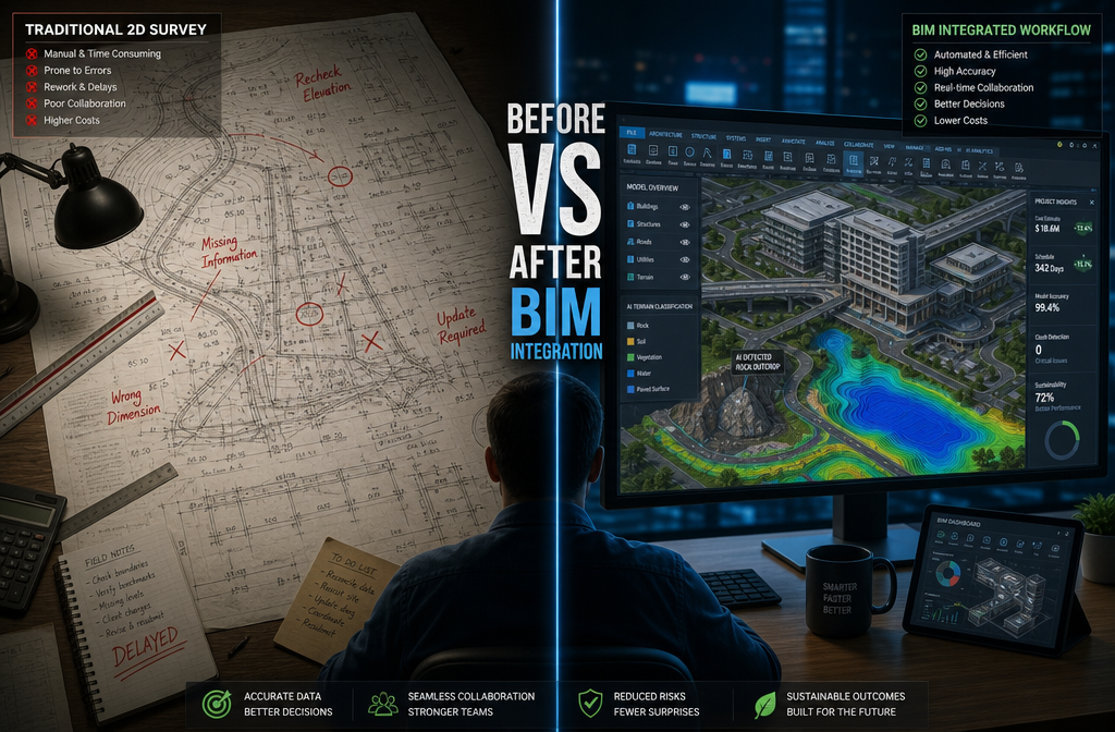 Detailed () split-screen comparison image: left side shows a traditional 2D paper survey drawing with manual annotations and
