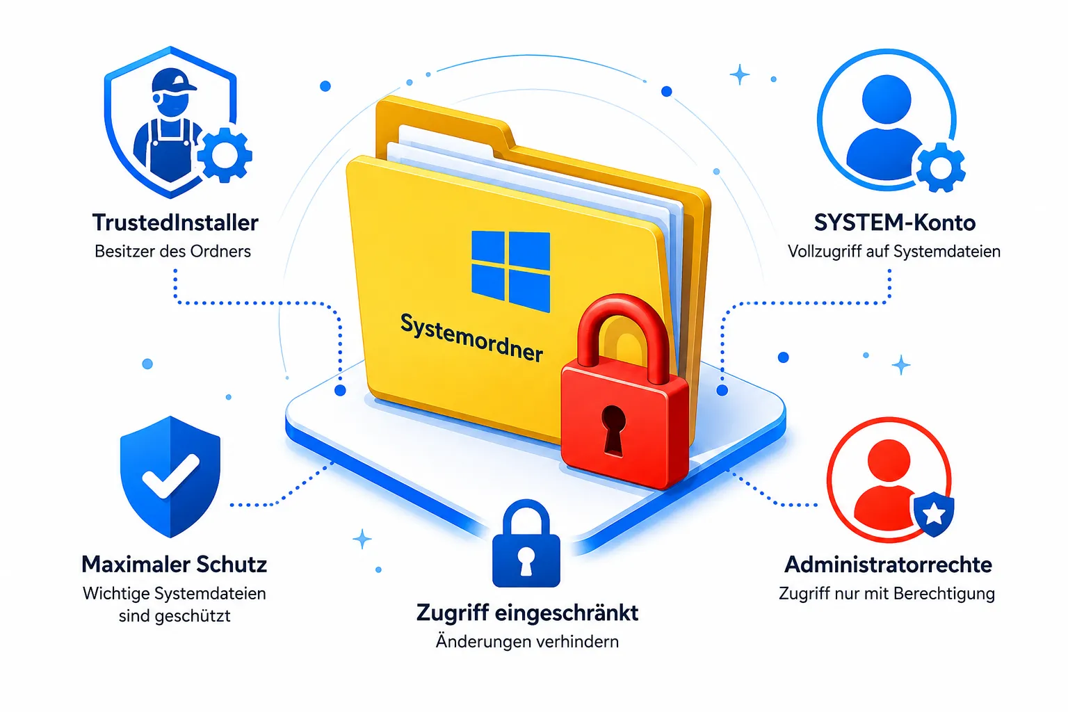 Bright editorial infographic-style landscape (): isometric flat-vector illustration showing a Windows system folder icon