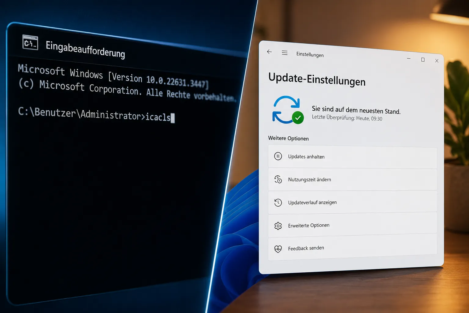 Split-screen editorial landscape (): left half shows a close-up of Windows Command Prompt (CMD) window on a dark screen with