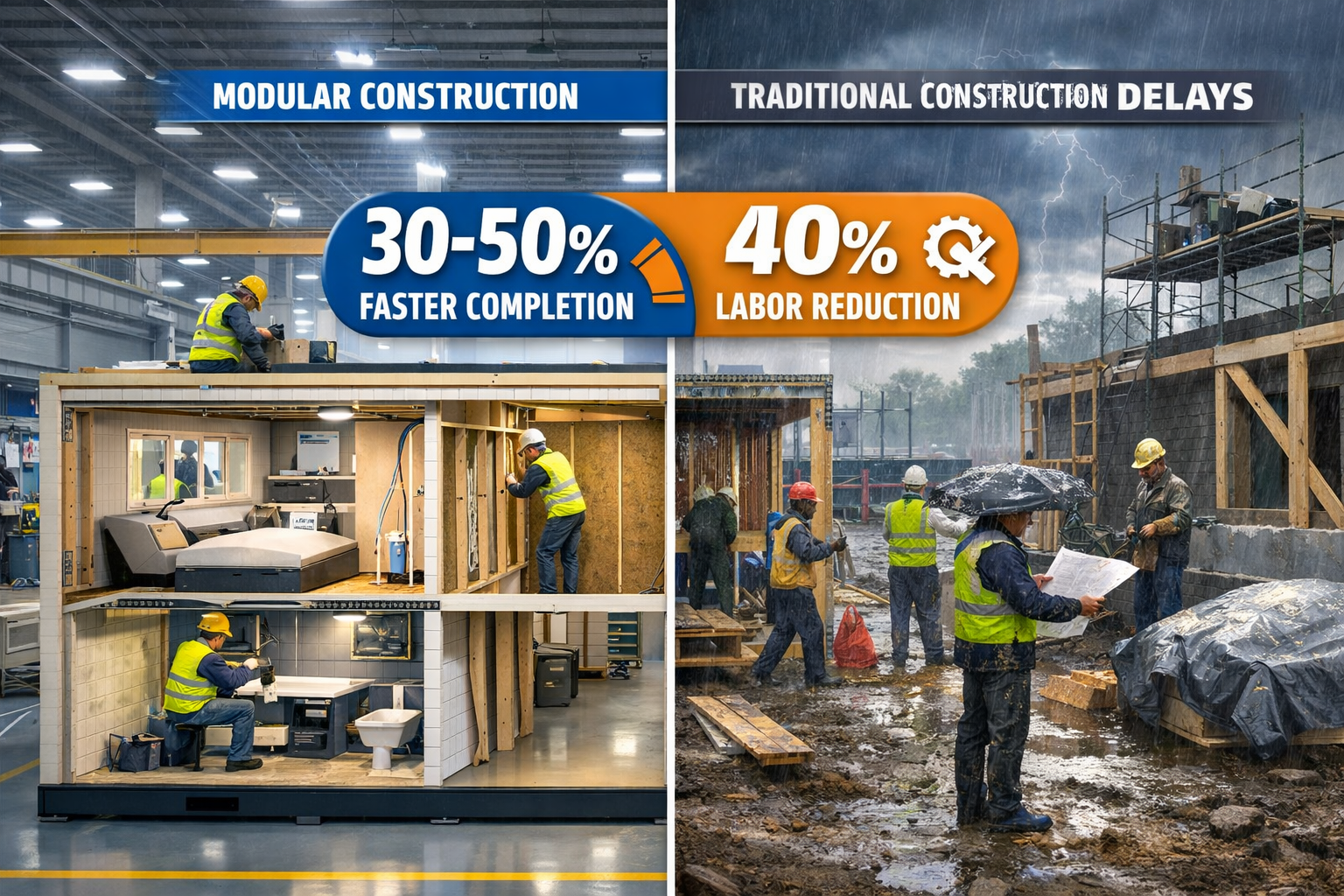 Detailed () image showing cutaway cross-section view of modular prefab housing unit in factory setting with workers