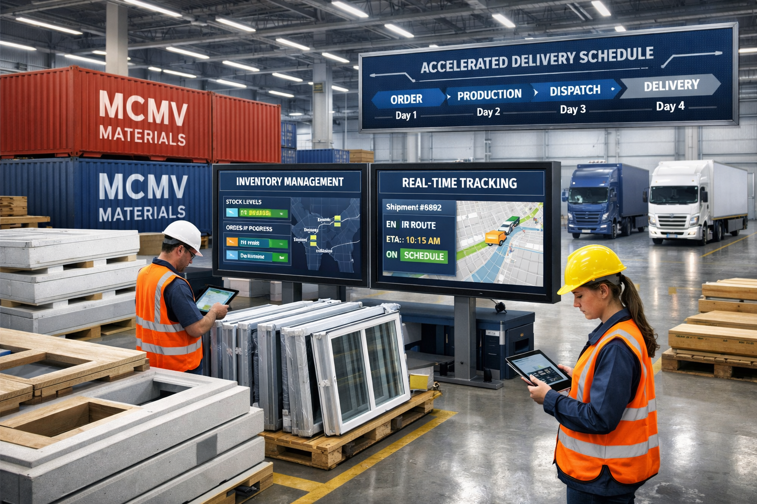 Detailed () image depicting supply chain logistics hub with shipping containers marked 'MCMV Materials', automated inventory