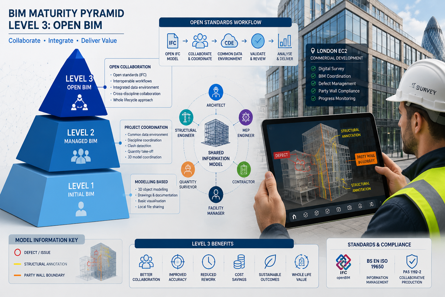 () detailed infographic-style illustration showing a Level 3 BIM maturity pyramid diagram on the left, with three ascending