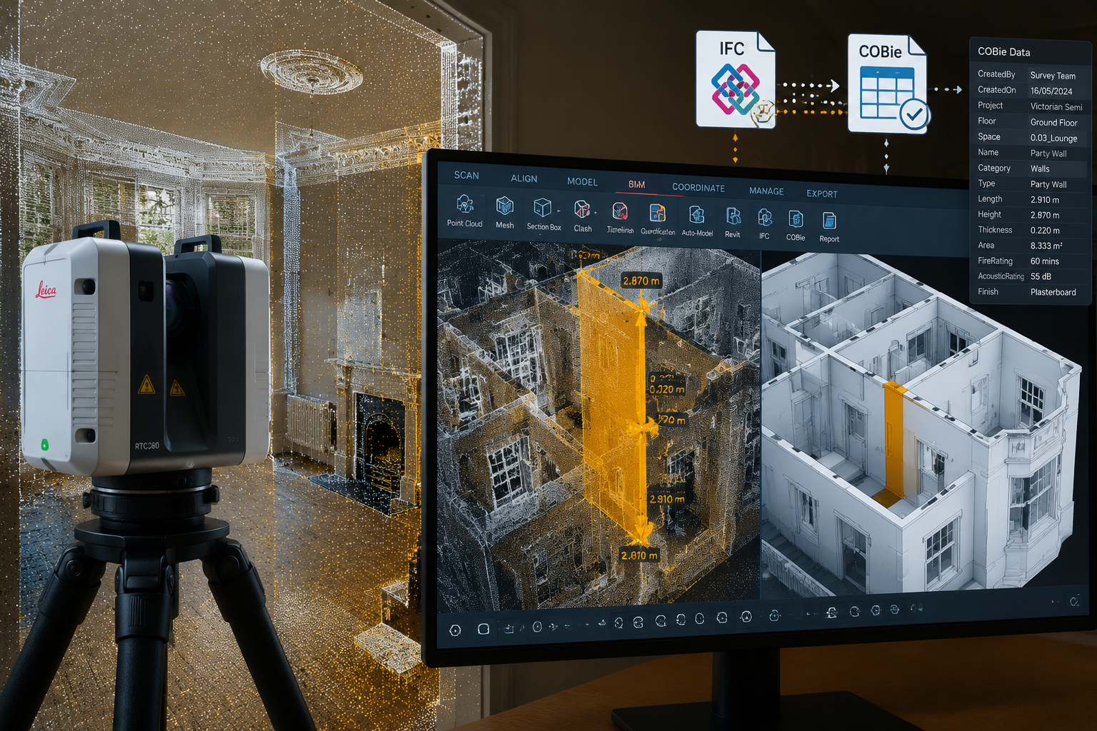 () close-up aerial perspective of a scan-to-BIM workflow scene: a Leica terrestrial laser scanner on a tripod capturing