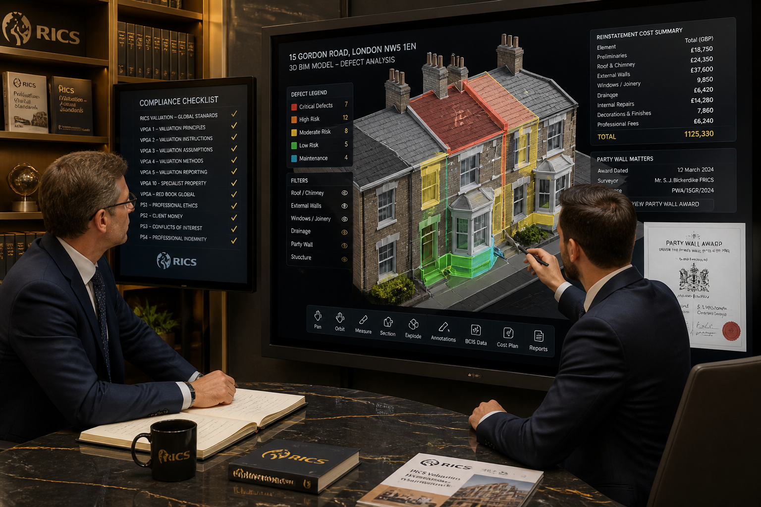 () wide-angle view of a professional property valuation meeting room scene: two chartered surveyors reviewing a large