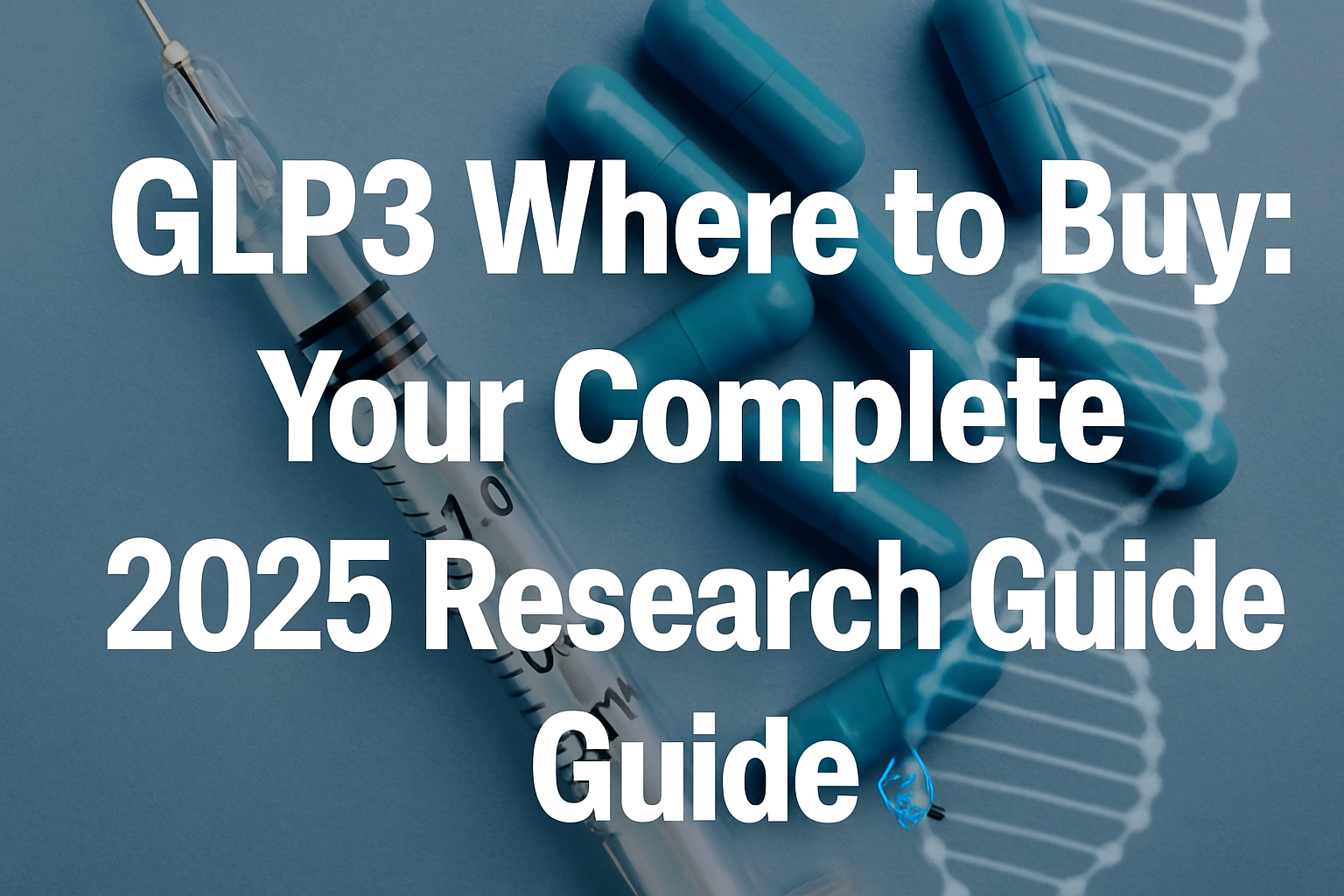Professional landscape hero image (1536x1024) with bold text overlay: "GLP3 Where to Buy: Your Complete 2025 Research Guide 🧬". Modern desi