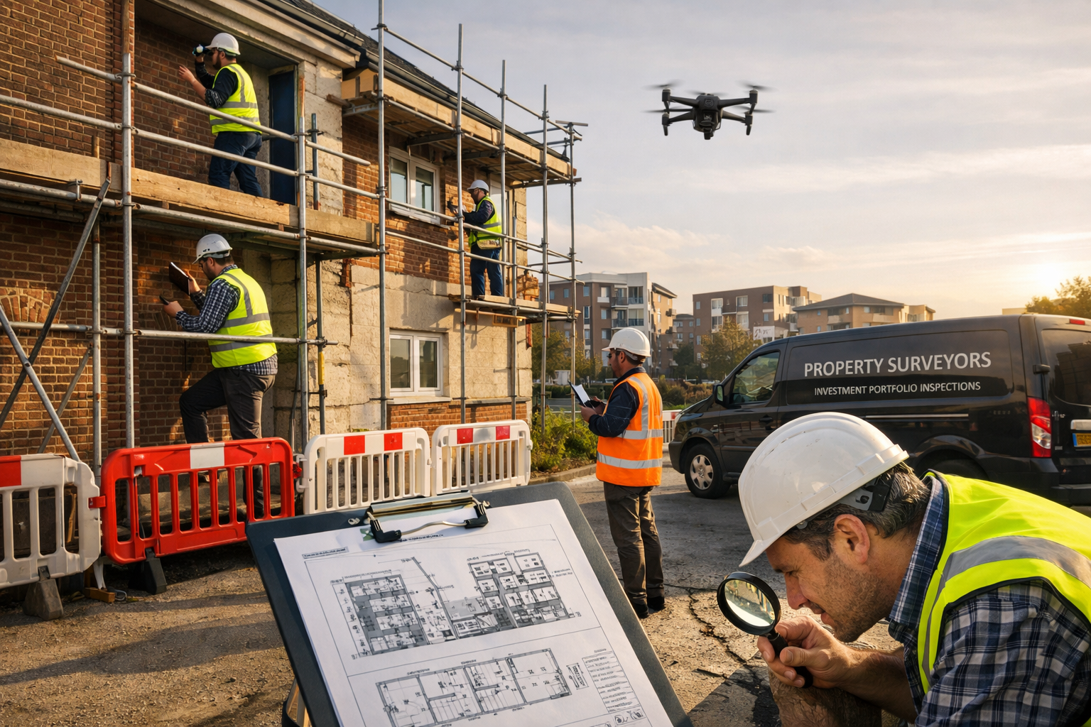 Wide-angle () photograph of institutional buy-to-let property portfolio inspection scene showing exterior building facade