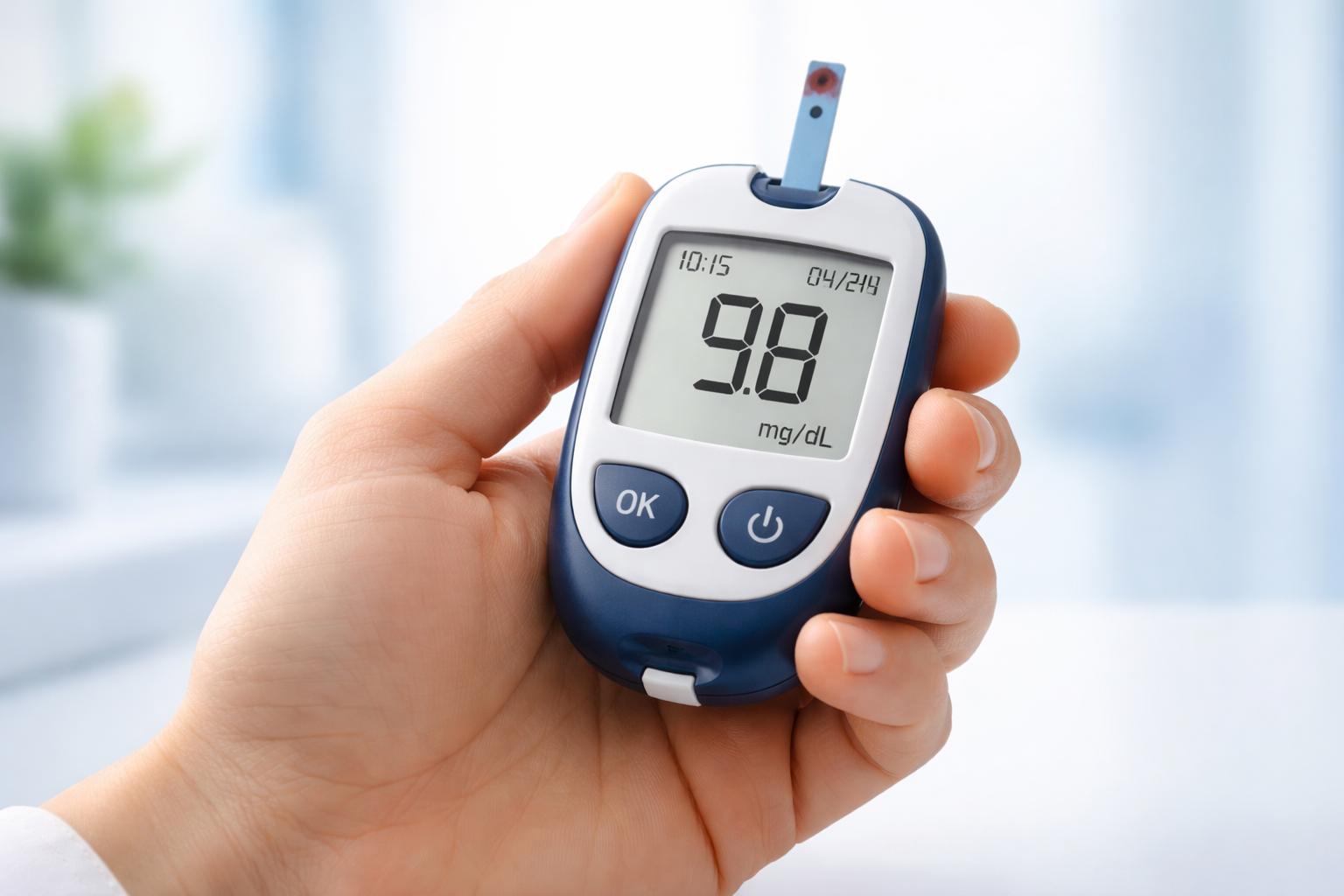 Professional medical hero image: close-up of a person's hand with a glucometer showing blood sugar reading, soft clinical