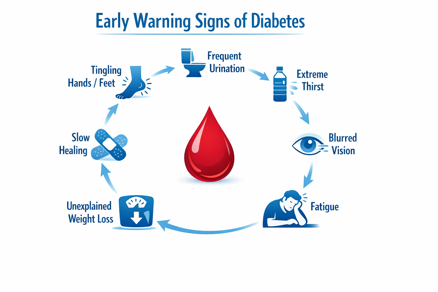Clean infographic showing 7 early warning signs of diabetes arranged in a circular diagram around a blood drop icon: