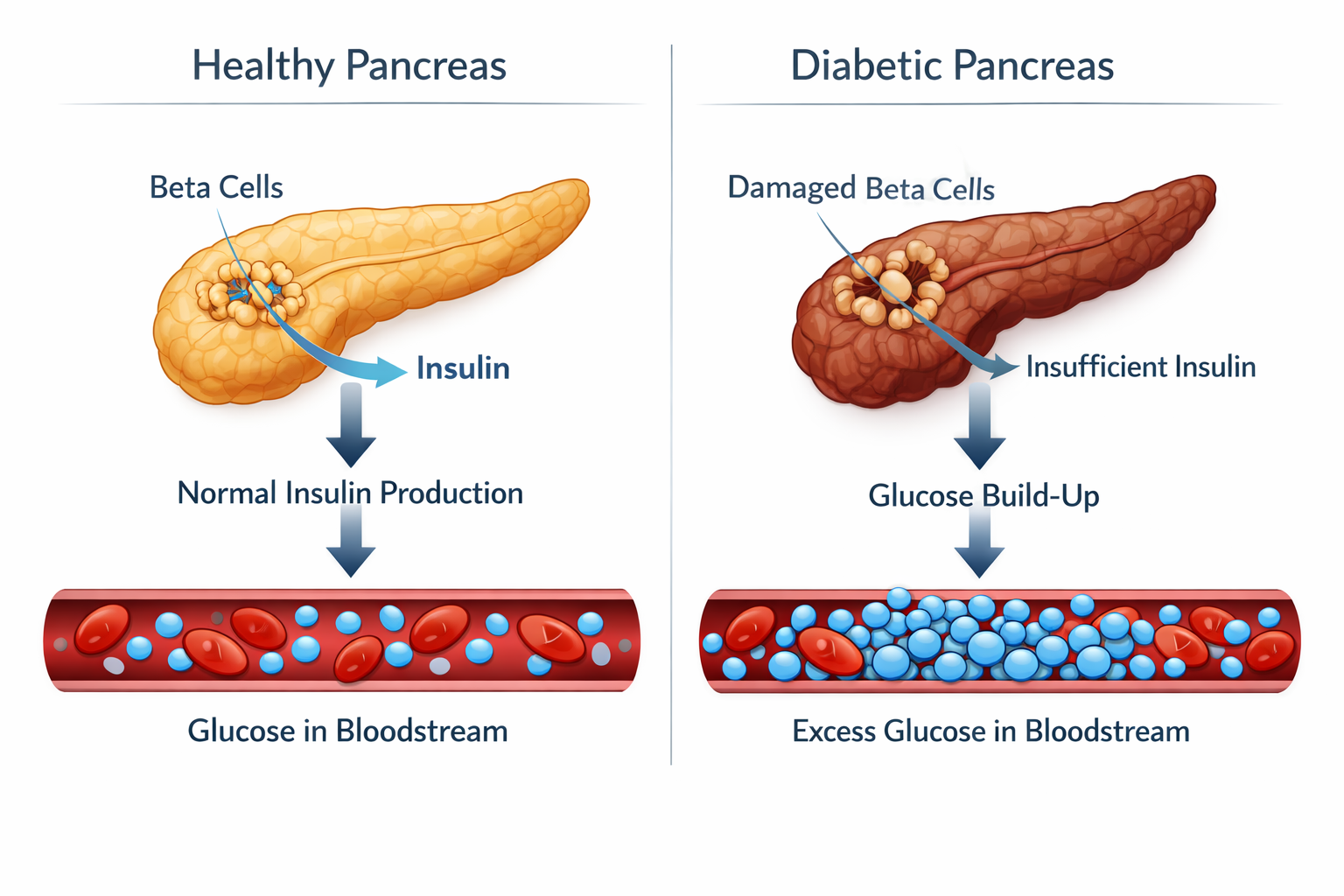 Split medical illustration comparing a healthy pancreas producing insulin vs. a diabetic pancreas with insufficient insulin