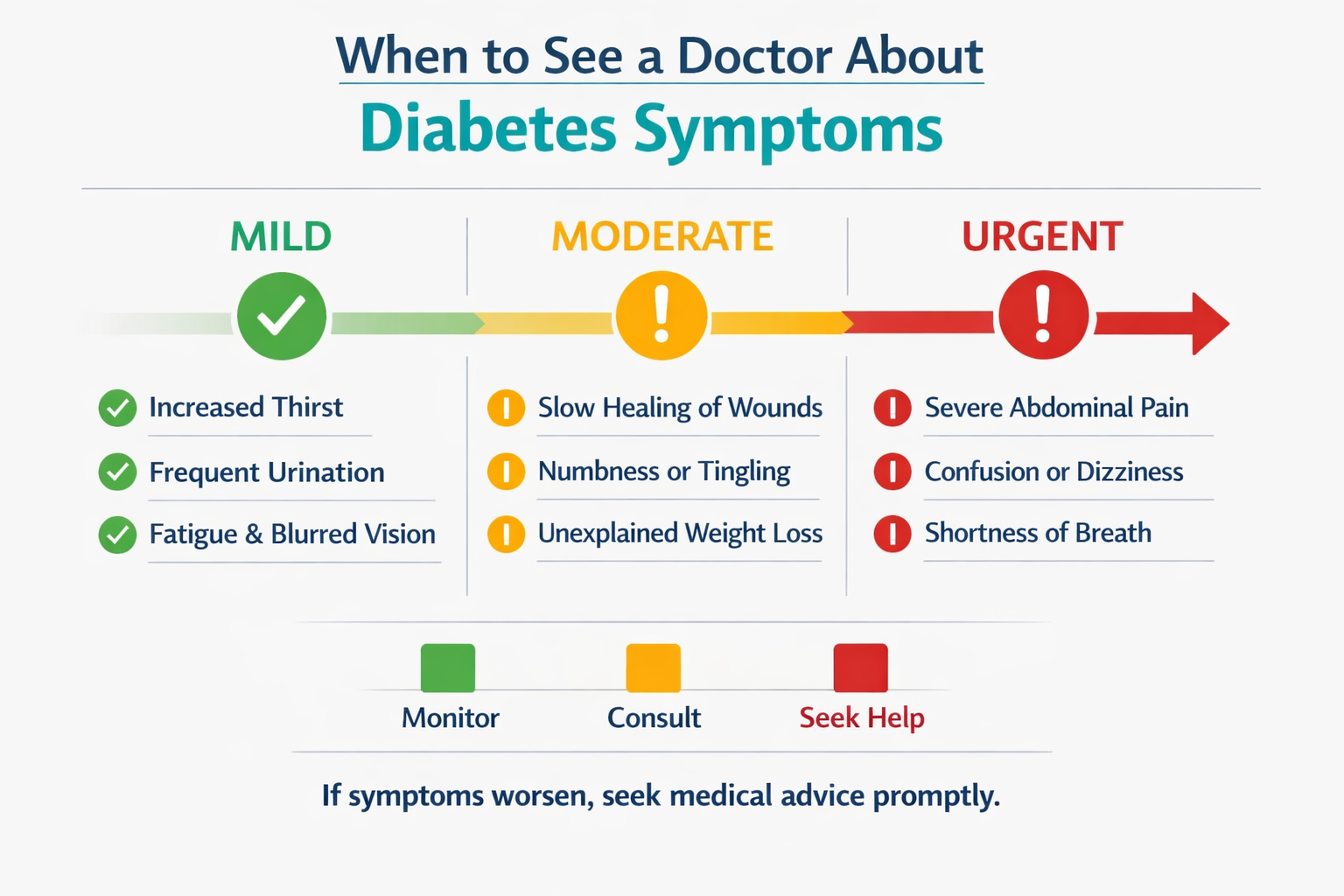 Visual checklist infographic: 'When to See a Doctor About Diabetes Symptoms' — showing a timeline of symptom progression