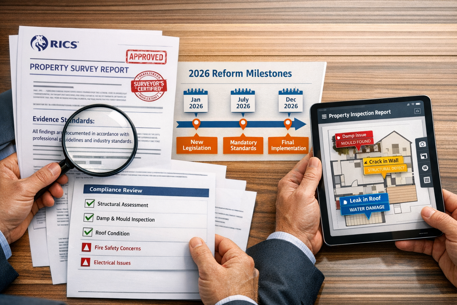 Detailed () image showing split-screen composition: left side displays traditional property survey report with RICS logo and