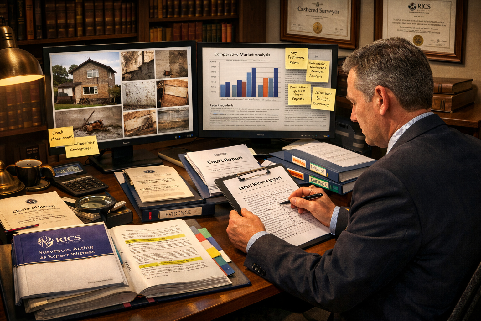 Detailed () image depicting expert witness preparation scene with chartered surveyor in professional attire reviewing case