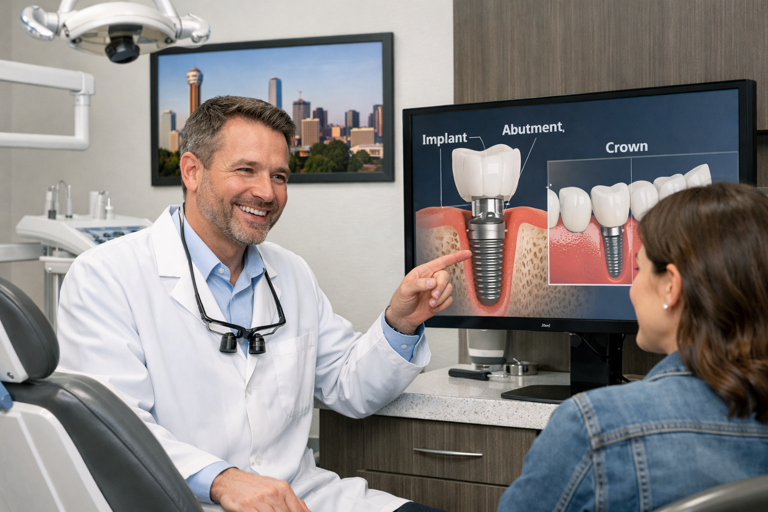 Landscape format (1536x1024) image of a friendly, professional dentist in a modern Dallas dental office, engaging in a consultation with a p