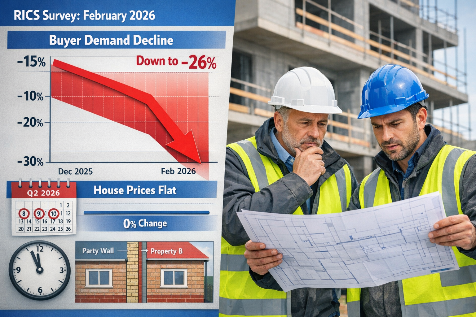 Detailed () infographic showing RICS February 2026 survey data with large prominent graph displaying buyer demand decline