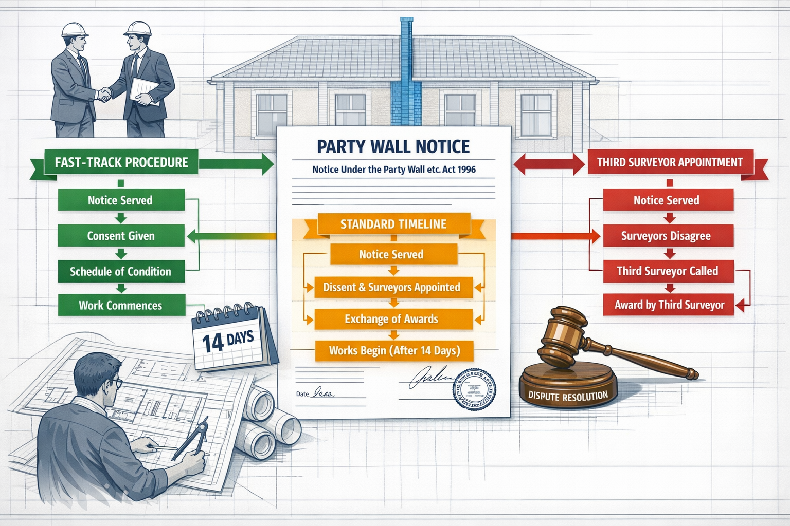 Detailed () technical illustration showing party wall award process flowchart with three distinct pathways: fast-track