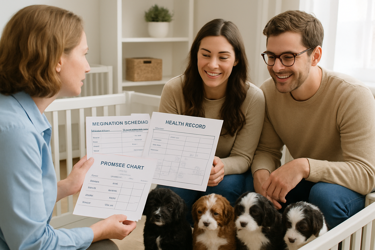Comprehensive landscape image (1536x1024) depicting the mini bernedoodle puppy selection process with a professional breeder showing health