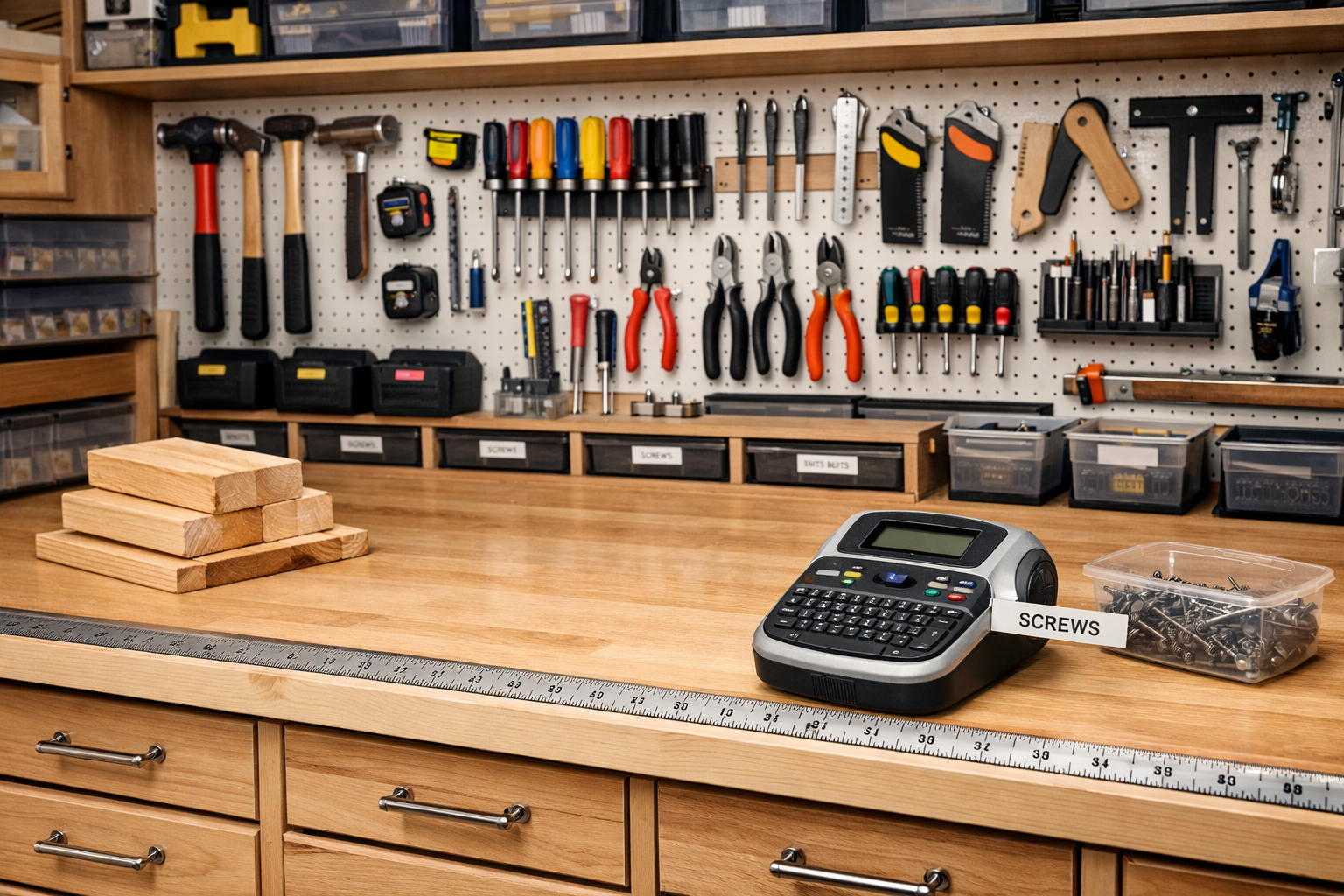 Detailed () image showing a meticulously planned workshop layout. A custom-built workbench is visible in the foreground with
