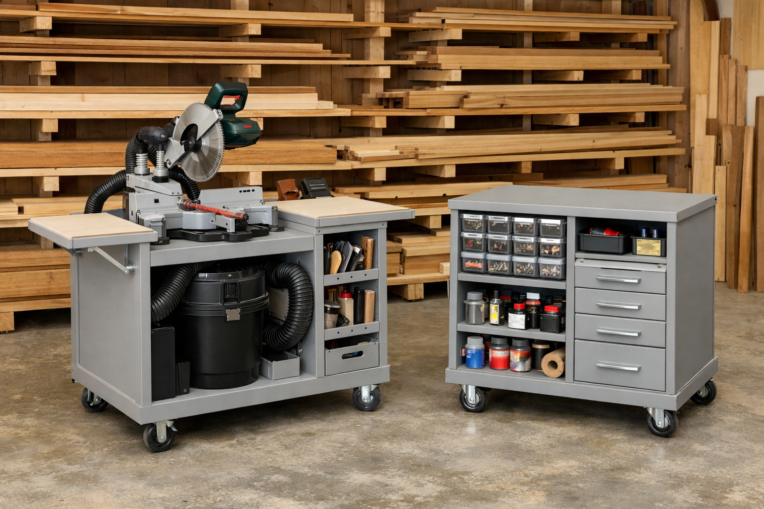 Detailed () image showcasing several custom-built tool carts in a workshop. One cart is configured for a specific machine,