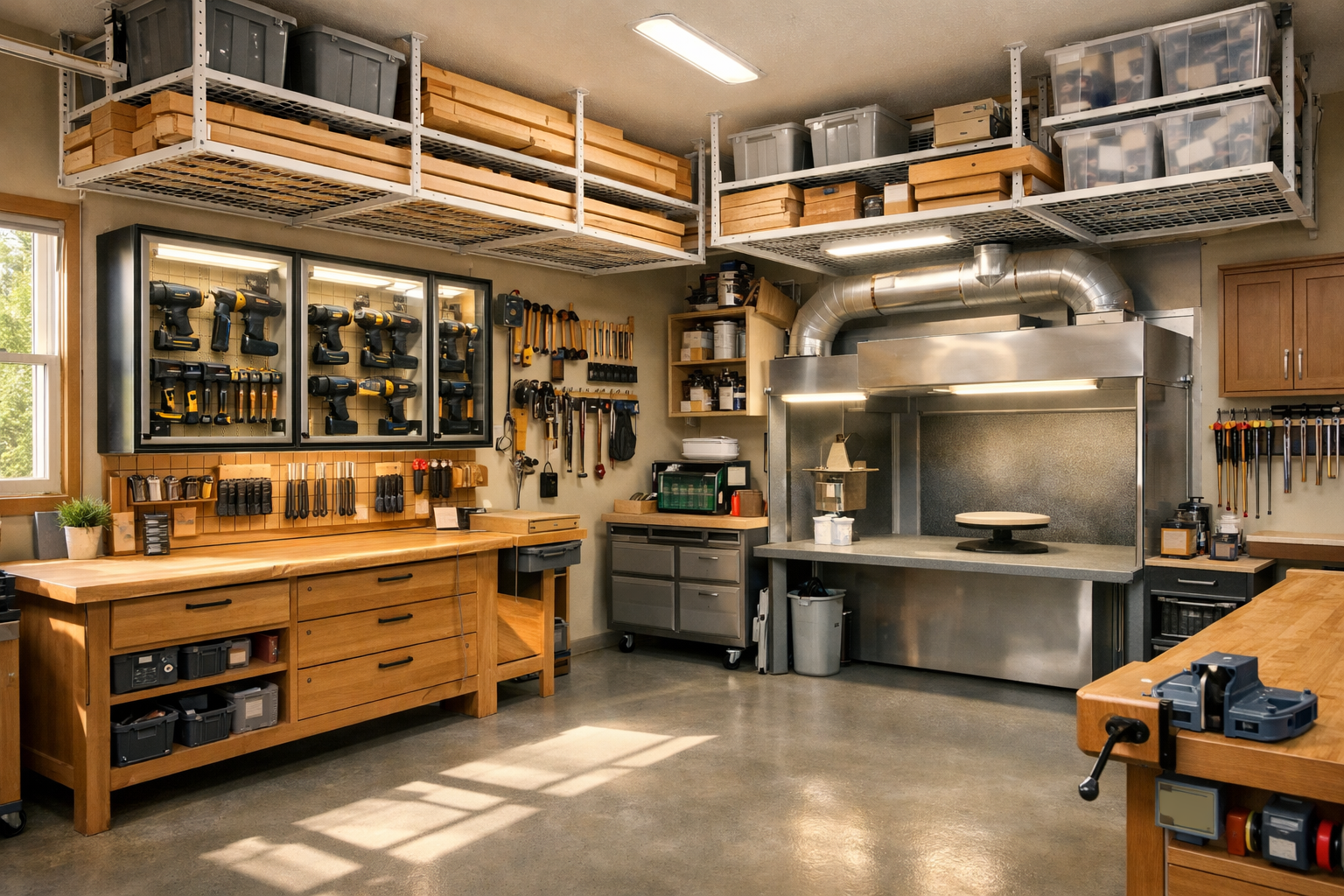 Detailed () image illustrating a fully optimized workshop space. Overhead storage racks are integrated into the ceiling,