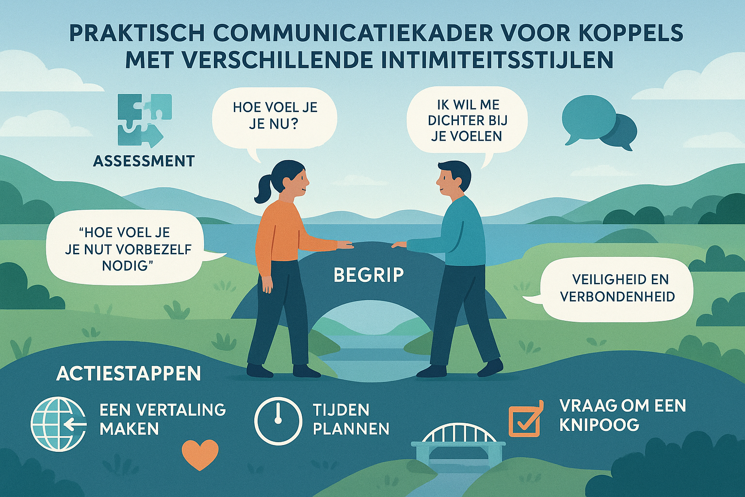Detailed landscape infographic illustration (1536x1024) showing practical communication framework for couples with different intimiteitsstij