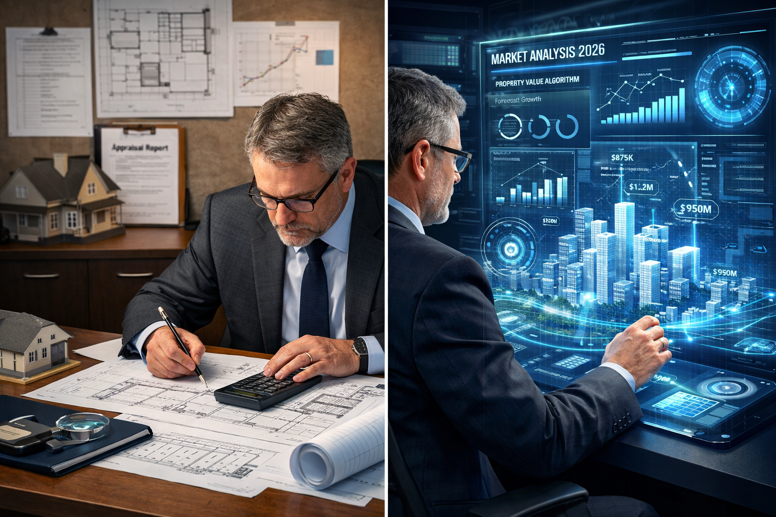 Expert Witness Responsibilities section: Split-screen professional visualization depicting a forensic property valuation expert analyzing ar