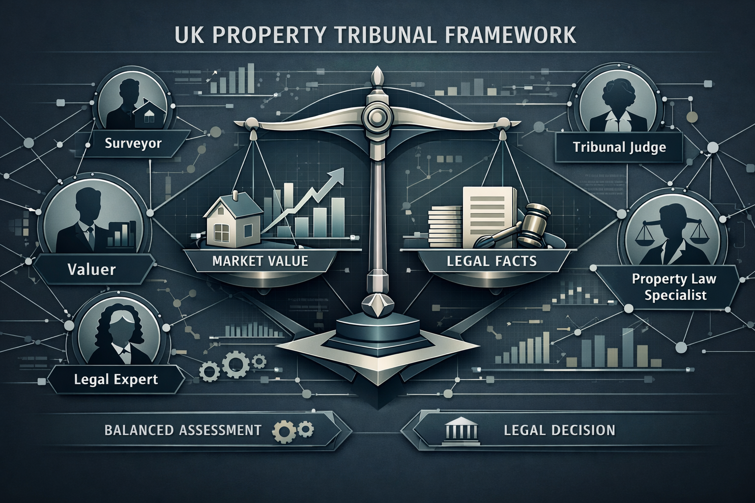 RICS Protocols section: Conceptual architectural diagram representing UK property tribunal framework, featuring interconnected geometric nod