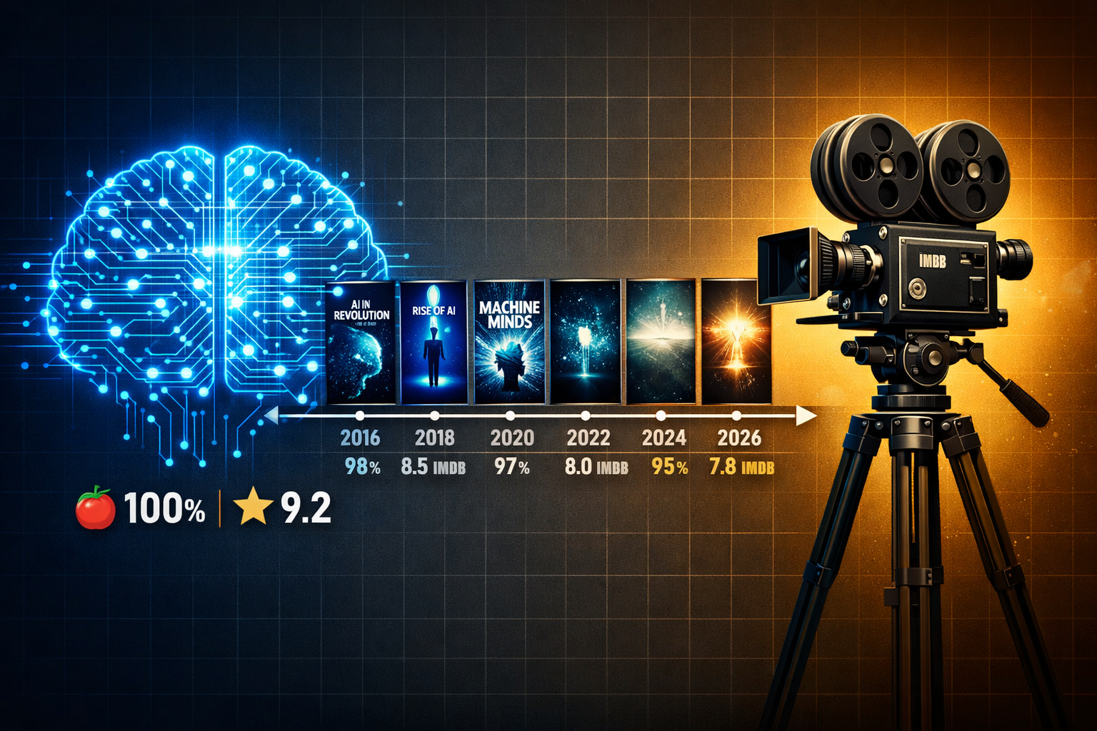Detailed landscape format (1536x1024) editorial illustration showing a split-screen concept: on the left side, a glowing AI brain made of in
