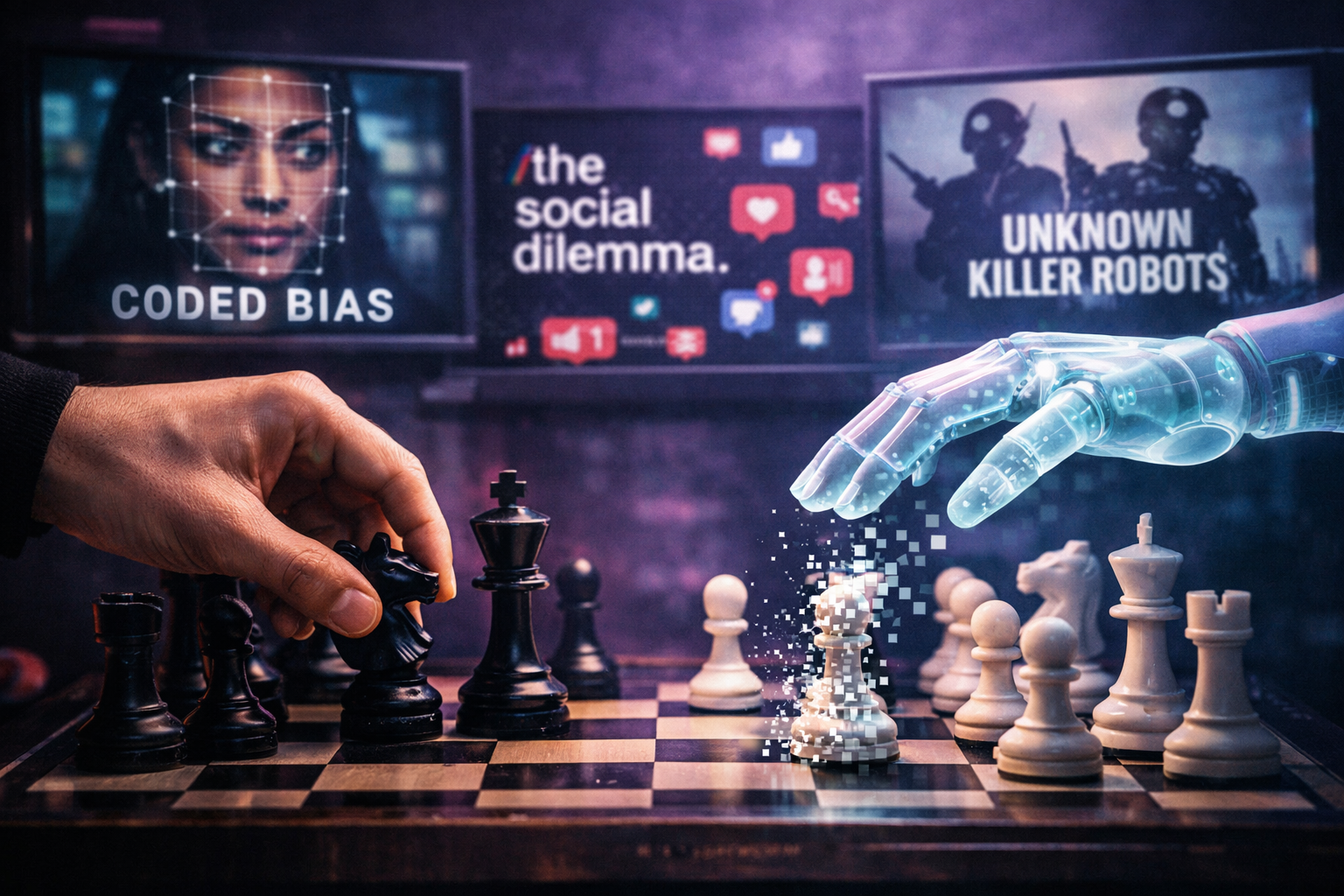 Detailed landscape format (1536x1024) editorial composition showing a dramatic chess board scene inspired by AlphaGo documentary, with one s