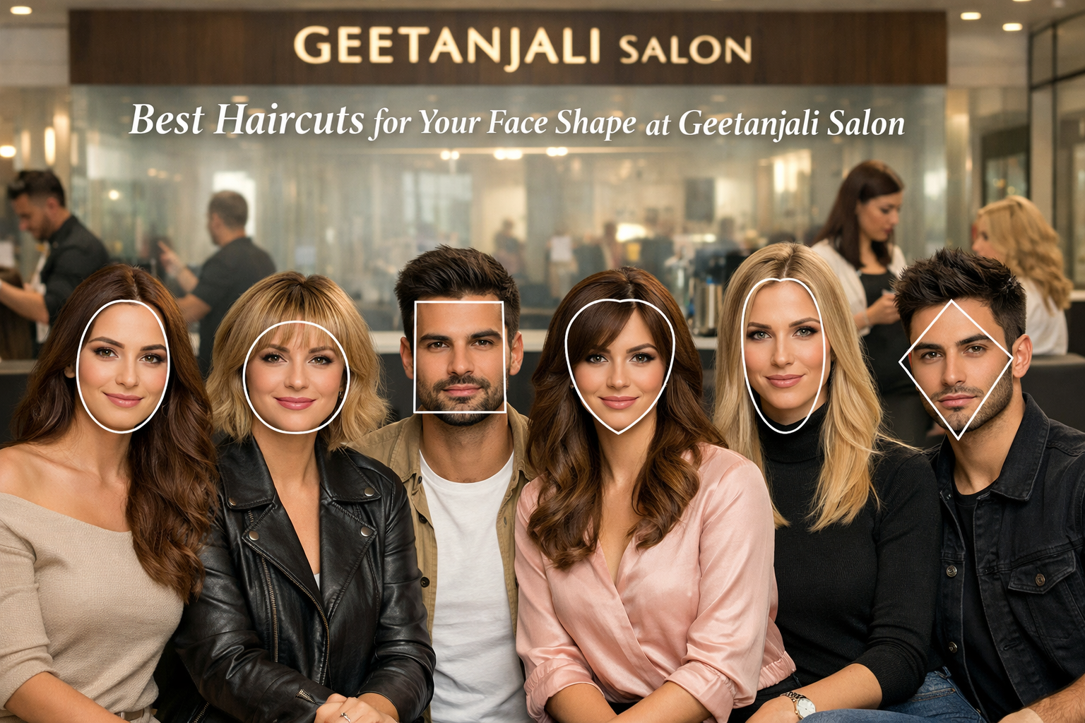 A visually compelling () image showcasing a diverse group of stylish individuals, each representing a different face shape